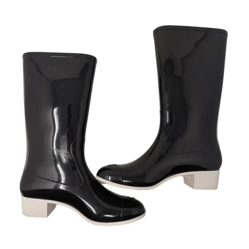 Chanel Rain Boots CC Logo Cap Toe Waterproof Knee Height Glossy Black 41 | 10.5